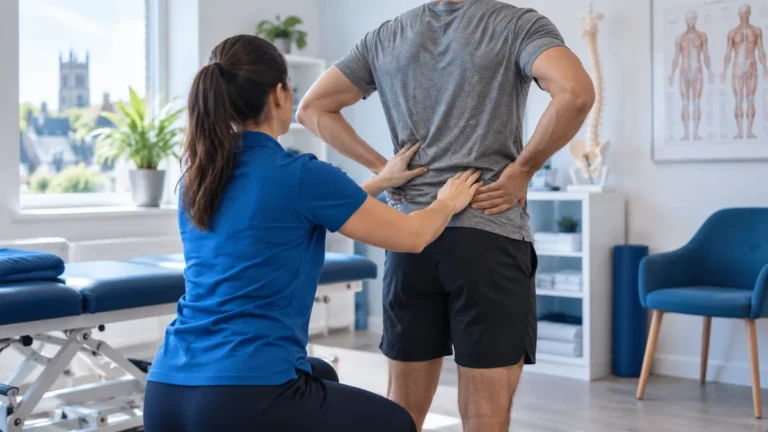 Physiotherapist assessing a patient's lower back movement at Grosvenor Street Physiotherapy, Mold.